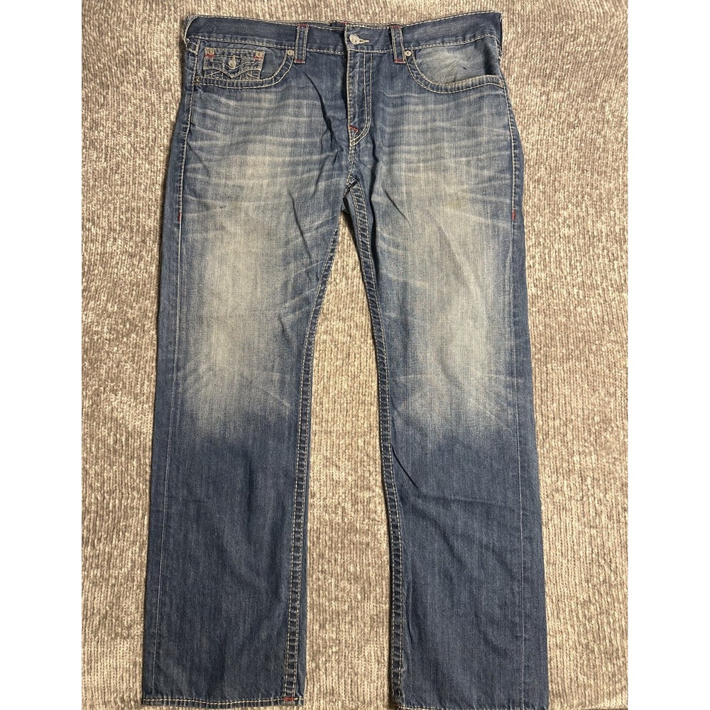 True Religion Straight Flap Old Multi Big T Distressed Blue Jeans Mens 40 X 34